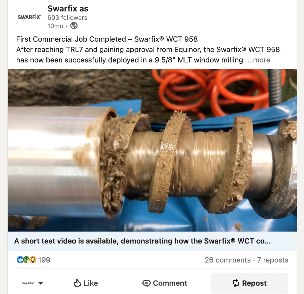 LinkedIn-innlegg fra Swarfix — First Commercial Job Completed